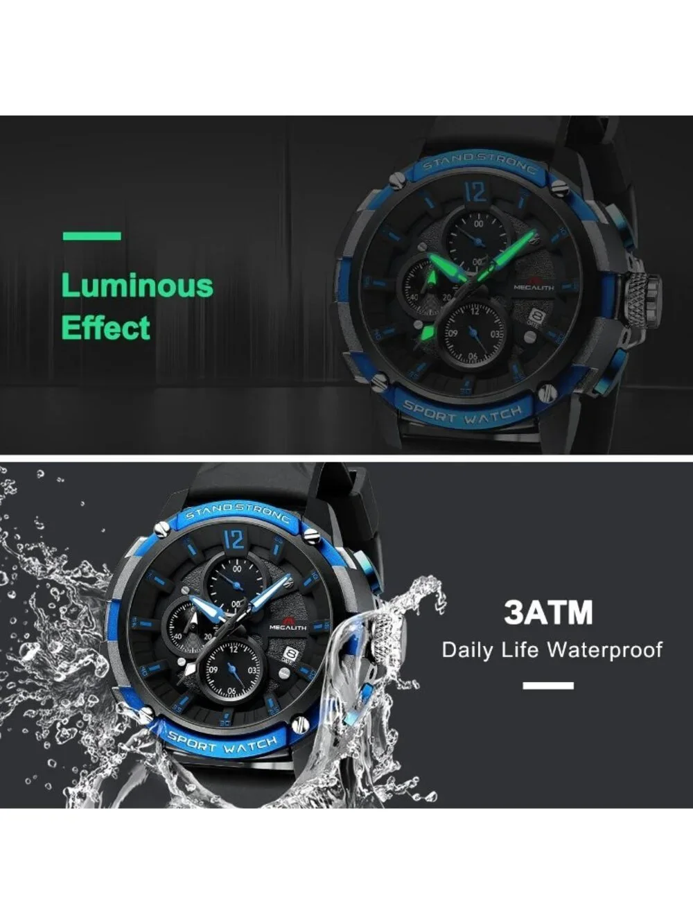 Men's Blue Analog Quartz Heavy Duty Waterproof Chronograph Luminous Wrist Watch